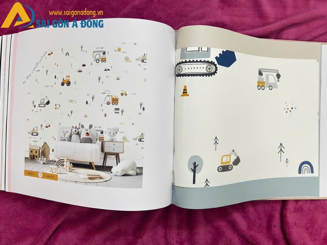 Giấy dán tường trẻ em ngôi sao vàng nâu 4 Giấy dán tường trẻ em xe công trình