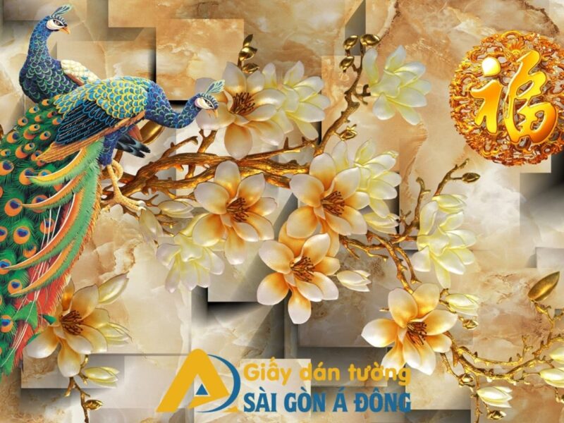 Tranh dan tuong 3d phong thuy chim cong 1 Tranh dán tường 3D phòng khách cẩm thạch