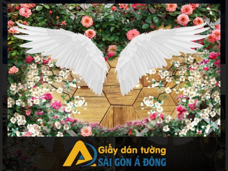 Tranh dan tuong 3d doi canh hoa hong 1 Tranh dán tường đôi cánh thiên thần