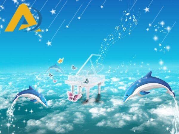 Tranh dan tuong 3d ca heo piano 1 Tranh dán tường 3D hoạt hình đại dương