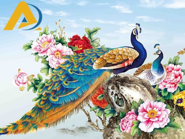 Tranh dan tuong 3d chim cong hoa hop 1 In tranh dán tường phòng khách chim công