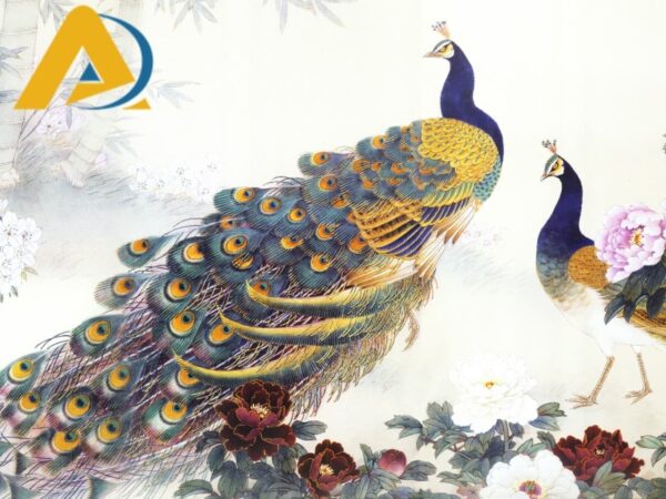 Tranh dán tường 3d chim công mẫu đơn