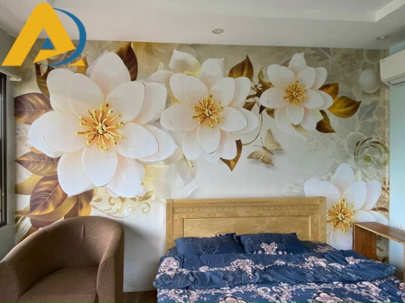 Mau tranh dan tuong diem nhan dau giuong 1 Tranh dán tường hoa 3D cho phòng ngủ đẹp lung linh