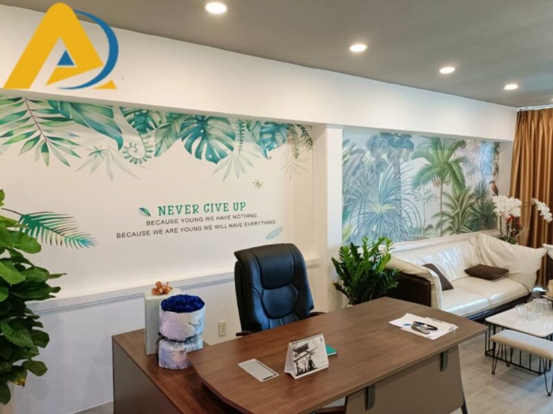 Mau tranh dan tuong van phong nhiet doi 1 Tranh dán tường 3D xanh tươi cho văn phòng