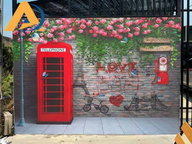 Thi công tranh dán tường hoa hồng telephone cho quán cà phê