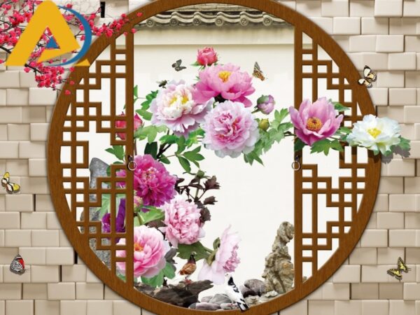 Mau tranh dan tuong cong hoa mau don 1 Mẫu tranh dán tường phong thủy cổng tùng la hán