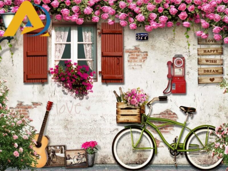 Mau tranh dan tuong quan ca phe gian hoa hong 1 Mẫu tranh dán tường quán cà phê xe piagio