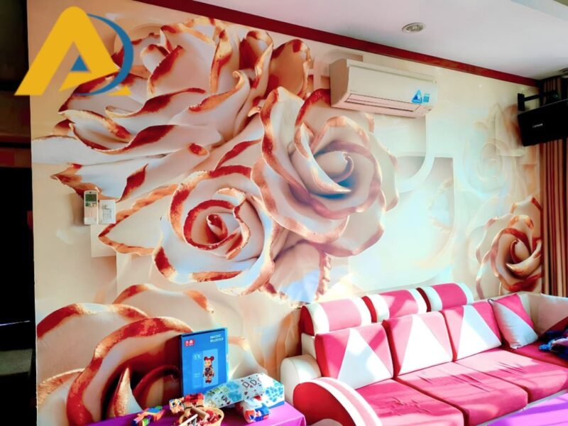 Thi công tranh dán tường 3D hoa hồng cho căn hộ