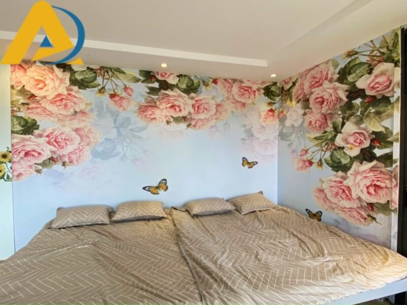 In tranh dán tường phòng ngủ giường đôi