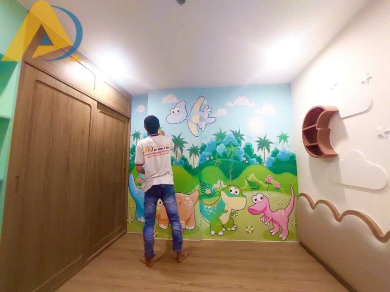 Thi Công Tranh Dán Tường 3d Khủng Long Cho Phòng Trẻ Em (1)