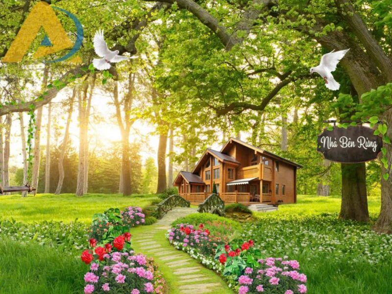 Mau tranh dan tuong nha ben rung hoa 1 Tranh dán tường phòng khách