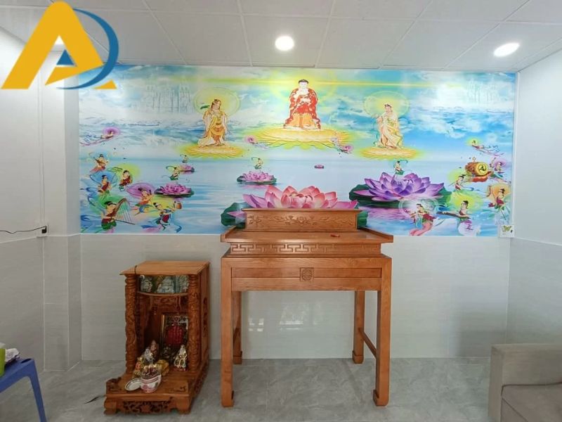 Mẫu tranh dán tường hoa sen phòng thờ