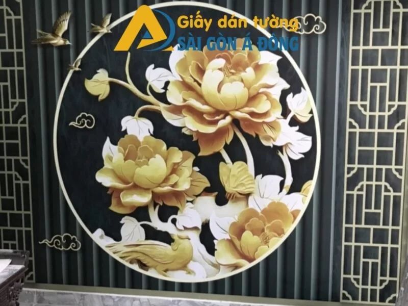 Giấy dán tường 3D phòng thờ hoa mẫu đơn 