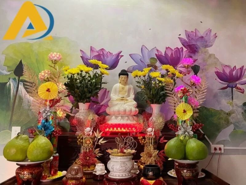 Giấy dán tường phòng thờ hoa sen 
