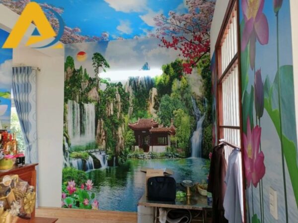 Mẫu tranh dán tường phòng thờ sơn thủy