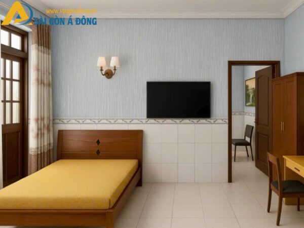 Giấy dán tường sọc xanh cho phòng ngủ