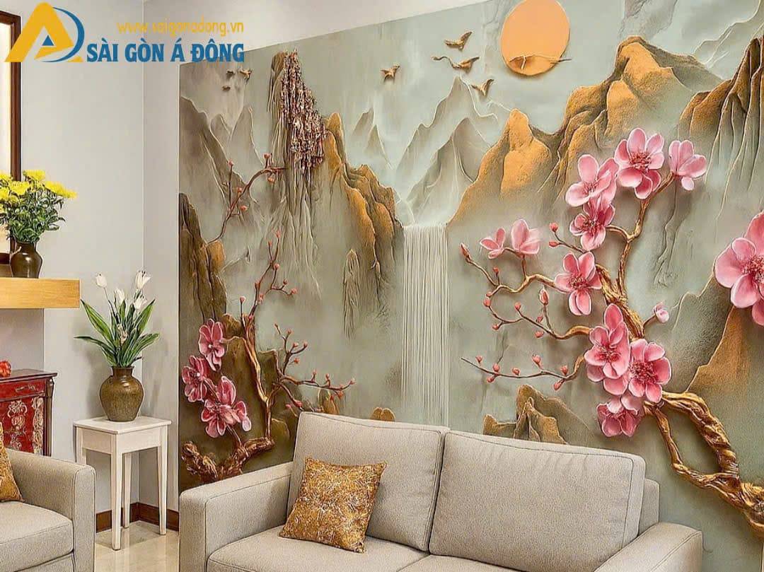 Tranh dán tường indochine cho căn hộ 13 Tranh dán tường phong thuỷ hoa phù điêu