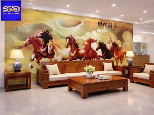 Tranh dán tường 3D phòng khách con ngựa