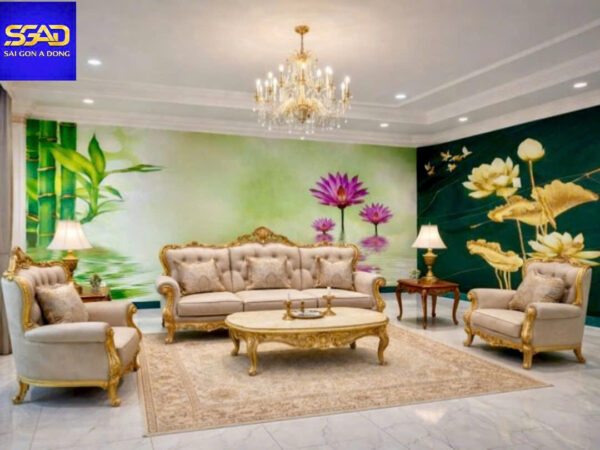 Tranh dán tường thác nước phòng khách 16 Tranh dán tường hoa sen phong thuỷ