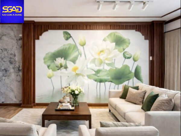 Tranh dán tường hoa sen phòng khách căn hộ 13 Tranh dán tường phong thuỷ hoa sen