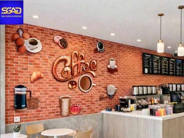 Tranh 3D dán tường giả gạch quầy cafe