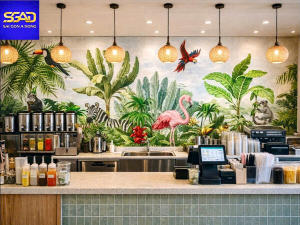 Tranh 3D dán tường nhiệt đới quầy cafe