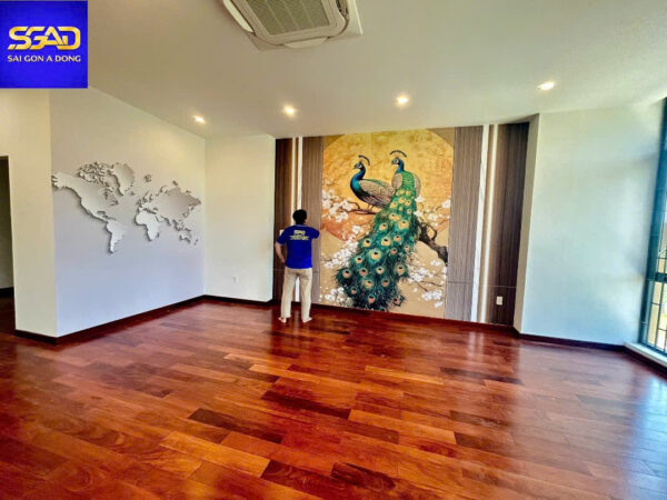 Tranh dán tường phòng ngủ với làm việc 9 Thi công tranh 3D dán tường chim công đẹp