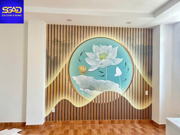 tranh dán tường phòng trà vách lam hoa sen