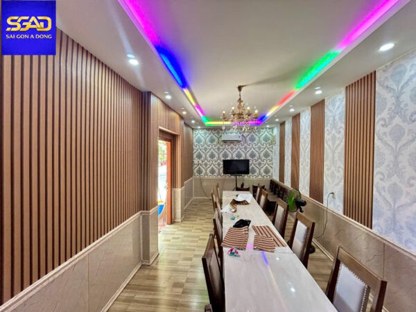 Giấy dán tường giả gỗ lam sóng cho phòng vip