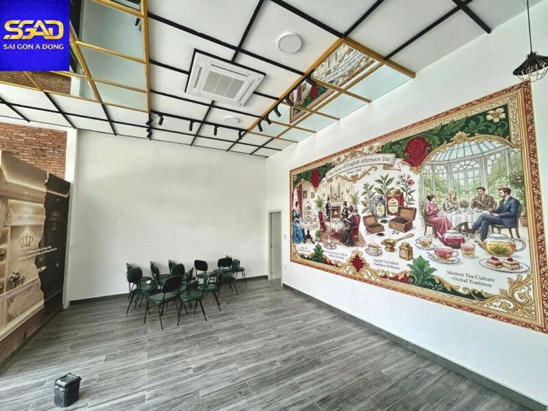 Tranh dán tường quán trà không gian lớn