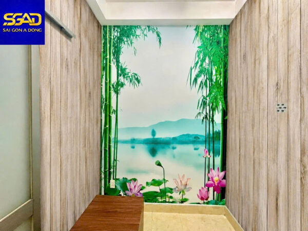 tranh dán tường phòng trà hồ sen tre